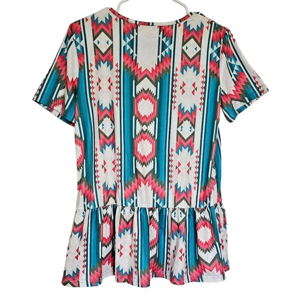 Crazy Train Serendipity Coral & Turquoise Southwestern Aztec Peplum Top Size S